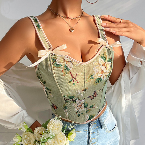 Bow Tie Floral Sexy Body Shaper Straps Printed Vest Corset