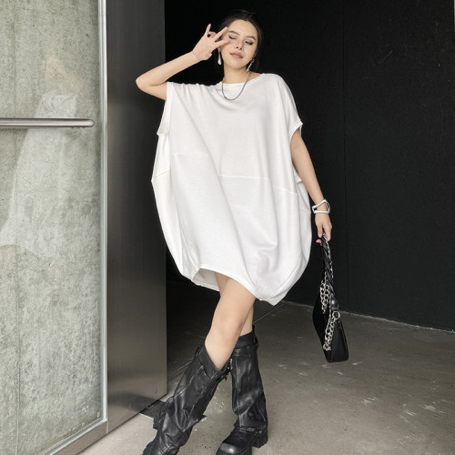 Solid Color Asymmetric Irregular Retro Bat Sleeve Loose Dress