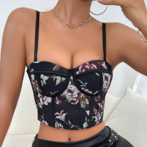 Floral Print Trim Bustier Bra Corset Crop Cami Top