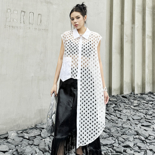 Perspective Grid Irregular Sleeveless Shirt Tops