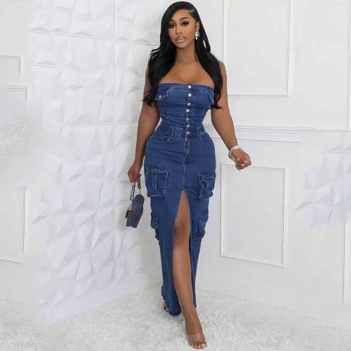 3D Pocket Autumn Slit Strapless Denim Long Dress