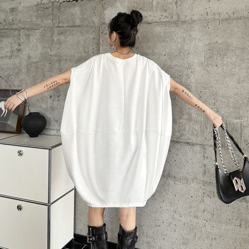 Solid Color Asymmetric Irregular Retro Bat Sleeve Loose Dress