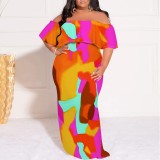 1 Piece Custom Casual Print Off Shoulder Plus Size Maxi Dress
