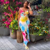Fashion V-neck Print Ruffled Bodycon Dress