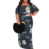 1 Piece Custom Casual Print Off Shoulder Plus Size Maxi Dress