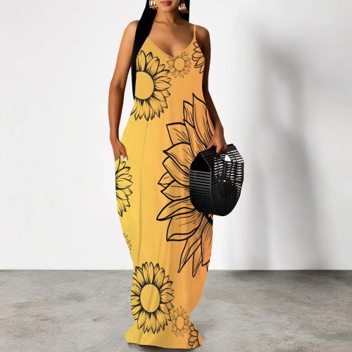 1 Piece Custom Casual Print Straps V Neck Maxi Dresses
