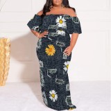 1 Piece Custom Casual Print Off Shoulder Plus Size Maxi Dress
