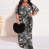 1 Piece Custom Casual Print Off Shoulder Plus Size Maxi Dress