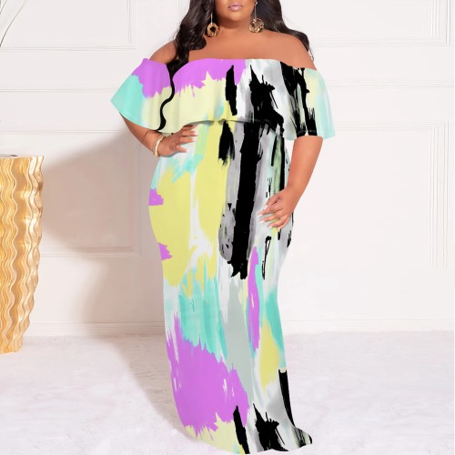 1 Piece Custom Casual Print Off Shoulder Plus Size Maxi Dress
