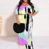 1 Piece Custom Casual Print Off Shoulder Plus Size Maxi Dress