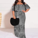 1 Piece Custom Casual Print Off Shoulder Plus Size Maxi Dress