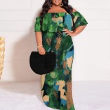 1 Piece Custom Casual Print Off Shoulder Plus Size Maxi Dress