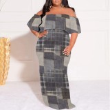 1 Piece Custom Casual Print Off Shoulder Plus Size Maxi Dress