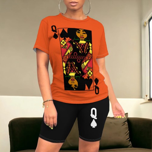 1 Piece Custom Casual Poker Print Short Sleeve Short Set