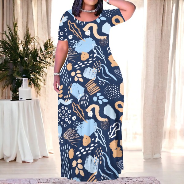 1 Piece Custom Casual Print Short Sleeve Plus Size Maxi Dresses