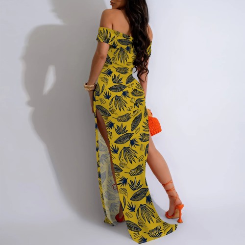 1 Piece Custom Casual Printed Off Shoulder Slit Long Dresses