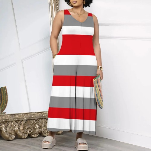 1 Piece Custom Casual Striped V-neck Print Sleeveless Jumpsuits