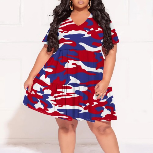 1 Piece Custom Casual Print V Neck Plus Size Maxi Dress