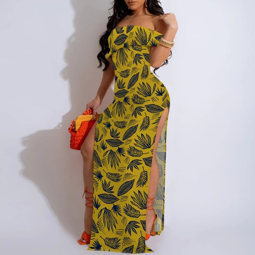 1 Piece Custom Casual Printed Off Shoulder Slit Long Dresses