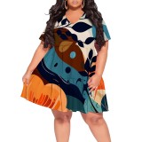 1 Piece Custom Casual Print V Neck Plus Size Maxi Dress