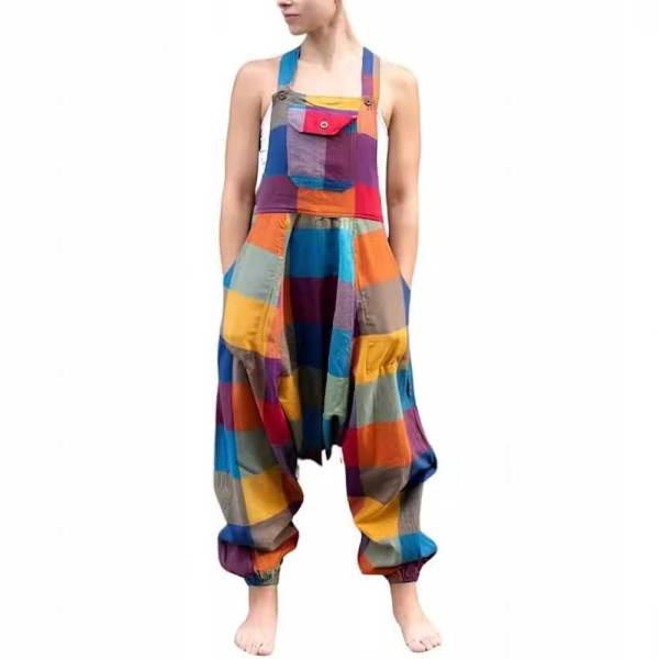 Patchwork Harem Summer Overalls with Pockets Boho Loose Jumpsuit