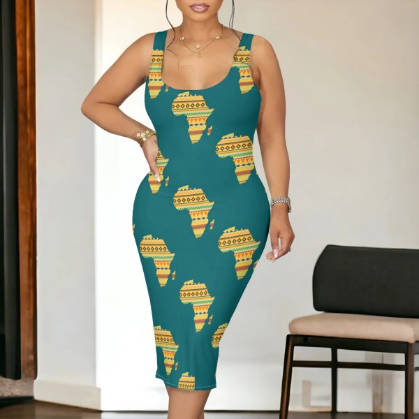 1 Piece Custom Casual Print Sleeveless Scoop Neck Midi Dress