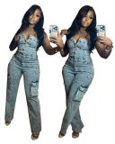Stretch Denim Embroidered Tube Top Strapless Jumpsuit