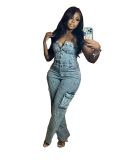 Stretch Denim Embroidered Tube Top Strapless Jumpsuit