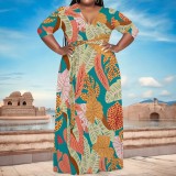 1 Piece Custom Casual Print V Neck Plus Size Maxi Dress