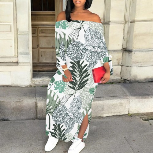 1 Piece Custom Casual Print Off Shoulder Slit Maxi Dresses