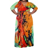 1 Piece Custom Casual Print V Neck Plus Size Maxi Dress