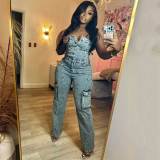 Stretch Denim Embroidered Tube Top Strapless Jumpsuit