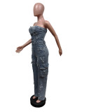Stretch Denim Embroidered Tube Top Strapless Jumpsuit