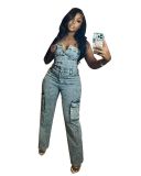 Stretch Denim Embroidered Tube Top Strapless Jumpsuit