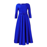 Casual African Elegant Lace-up Large Size Long Dress Round Neck Dress