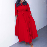 Casual African Elegant Lace-up Large Size Long Dress Round Neck Dress
