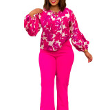Women Floral Print Long Sleeve Tie Top and Wide Leg Long Pants Sets