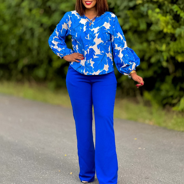 Women Floral Print Long Sleeve Tie Top and Wide Leg Long Pants Sets