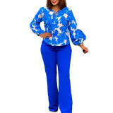 Women Floral Print Long Sleeve Tie Top and Wide Leg Long Pants Sets