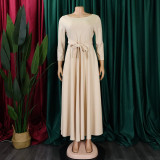 Casual African Elegant Lace-up Large Size Long Dress Round Neck Dress