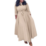 Casual African Elegant Lace-up Large Size Long Dress Round Neck Dress