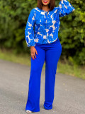 Women Floral Print Long Sleeve Tie Top and Wide Leg Long Pants Sets