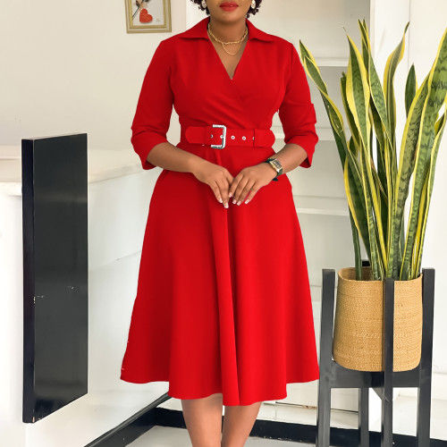 Solid 3/4 Sleeve Turndown Collar Office Lady A Line Dresses with Belt