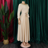 Casual African Elegant Lace-up Large Size Long Dress Round Neck Dress