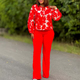 Women Floral Print Long Sleeve Tie Top and Wide Leg Long Pants Sets