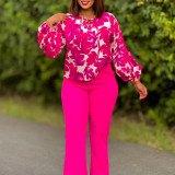 Women Floral Print Long Sleeve Tie Top and Wide Leg Long Pants Sets
