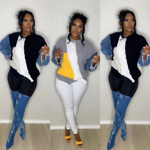 Loose Color Matching Denim Sleeves Sweater