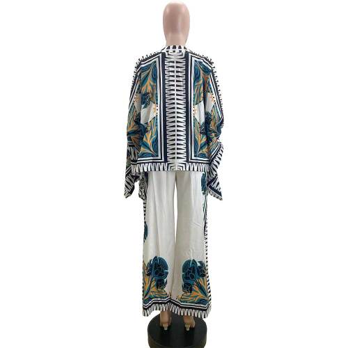 Retro Positioning Print Bat Shawl Shirt + Wide Leg Pants