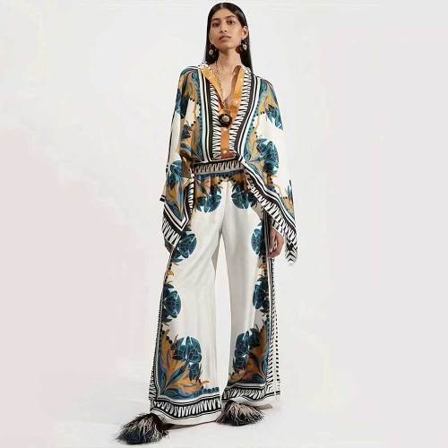 Retro Positioning Print Bat Shawl Shirt + Wide Leg Pants