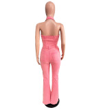 Fashion High Elastic Backless Lapel Pocket Workwear Denim Jumpsuit